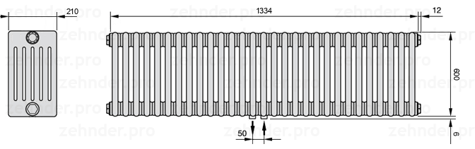 Схема (чертеж) Радиатор Zehnder Charleston 6060/29 №5410 Белый глянцевый RAL 9016